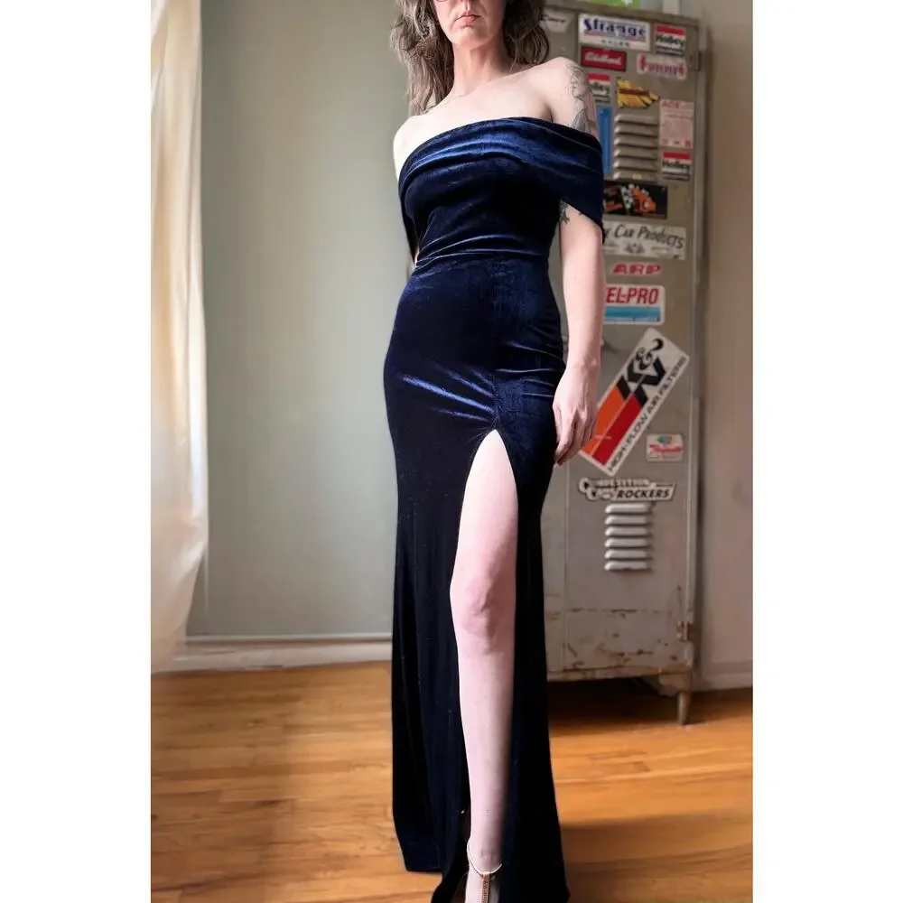 Vintage Y2K Velvet Maxi Dress | Navy Off Shoulder Column Slit Gown | S/M - Picture 4 of 11